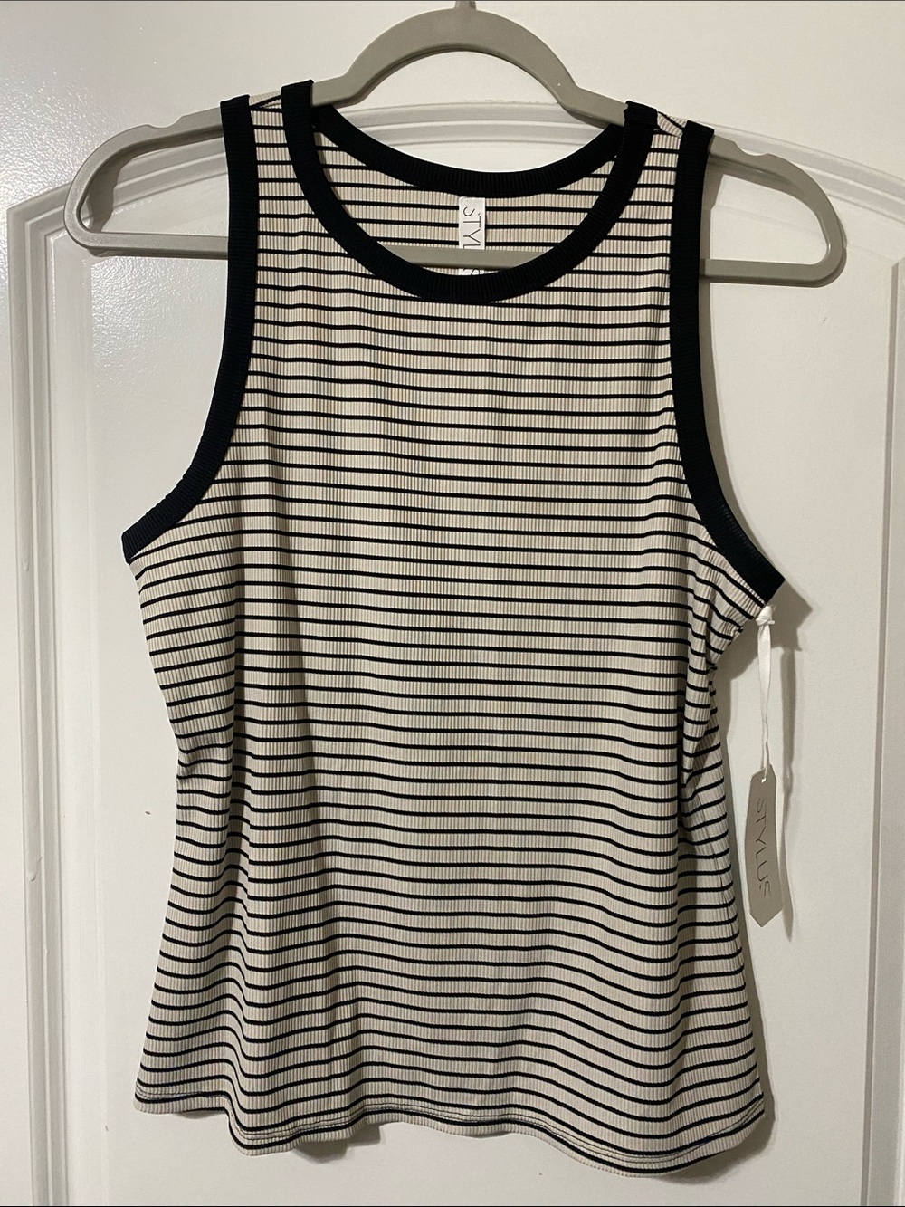 STYLUS Cream and Black Striped Ribbed Tank